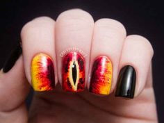 The Eye of Sauron ( Lord Of The Rings ). | 29 Examples Of Marvellously Geeky Nail Art Eye Of Sauron, Chalkboard Nails, Yellow Nail, Geeky Girls, Black Nail, Nail Polishes, Love Nails, The Rings