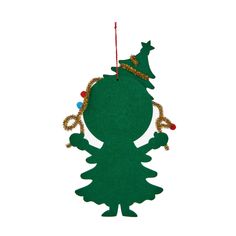 a green felt ornament with a christmas tree decoration on it's head