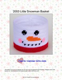 a knitted snowman basket is shown in red, white and blue with the words'2013 little snowman basket'written below it