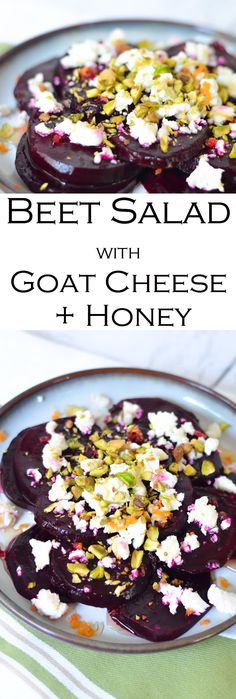 beet salad with goat cheese and honey on a white plate next to the recipe title