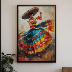 a painting of a woman in a colorful dress and sombrero is hanging on the wall