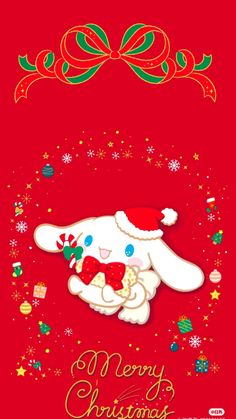 a red christmas card with an image of a bunny holding a candy cane in its mouth