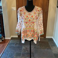 You Will Absolutely Love This Gorgeous Johnny Was Blouse With Incredible Embroidery In Hot And Pale Pink, Yellow & Dark Mint Green. Scoop Neck And 3/4 Length Sleeves. Size Small. Nwt Dark Mint Green, Johnny Was, In Hot, Pale Pink, Pink Yellow, Mint Green, Pink White, Scoop Neck, Length Sleeve