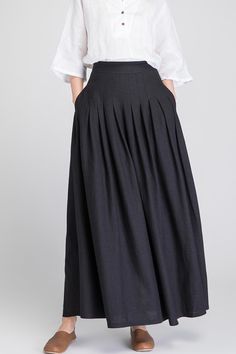 We have many black linen skirt style. This black skirt is created for the new coming. More customer request pleated, yes, we know you like pleated. Of course, two side pockets is needed. This black linen skirt opend by side zipper. It is a long linen skirt. DETAIL* soft black linen fabric* two seam pockets* right zippe Black Linen Skirt, Black Linen Fabric, Long Linen Skirt, Linen Maxi Skirt, New Coming, Handmade Skirts, Womens Clothing Patterns, Maxi Skirt Outfits, Pleated Long Skirt