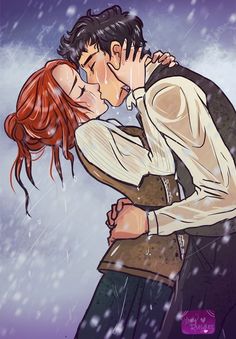 a man and woman kissing in the rain with snow falling all around them on their faces