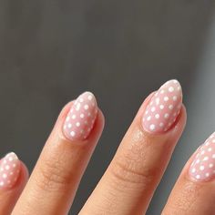 Samantha 🌹 on Instagram: "a break from valentine’s nails for some lil polka dots 🤍  ____  #nails #nailart #nailinspo #almondnails #essie #polkadots" Polk A Dot Nails, White Dots On Nails, White Nails With Polka Dots, Small Polka Dot Nails, Neutral Polka Dot Nails, Pokadot Nails Acrylic, Beige Polka Dot Nails