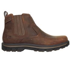 Handsome style and wonderful comfort are easy to get in the SKECHERS Relaxed Fit Segment - Dorton boot. Smooth oiled leather upper in a slip on casual ankle boot with stitching and overlay accents. Gel Infused Memory Foam insole. | Skechers Men's Relaxed Fit: Segment - Dorton Boots | Medium Width | | Smooth oiled leather upper | Slip on ankle height casual comfort boot design | Stitching accents | Rounded plain toe front | Side and heel panel overlay detail | Reinforced stitched seams | Side S emboss logo | Top pull on heel tab | Dual side elastic and leather side panels for easy slip on fit | Classic Chelsea ankle boot design | Soft fabric boot lining | Relaxed Fit design for a roomy comfortable fit | Gel Infused Memory Foam cushioned comfort insole | Shock absorbing midsole | Midsole con Rugged Leather Slip-on Chelsea Boots, Fall Chelsea Boots With Moc Toe And Reinforced Toe, Rugged Leather Slip-on Waterproof Boots, Casual Chelsea Boots With Reinforced Toe, Rugged Slip-on Chelsea Boots For Outdoor, Rugged Outdoor Chelsea Slip-on Boots, Rugged Brown Chelsea Boots With Reinforced Toe, Rugged Slip-on Chelsea Boots With Leather Sole, Rugged Leather Chelsea Boots With Reinforced Toe