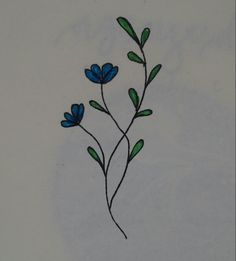 a drawing of blue flowers with green stems on a white surface, in the middle of an image