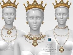 three mannequins with crowns on their heads and pearls in the neckline