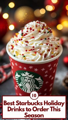 A warm, festive Starbucks holiday drink with whipped cream and holiday-themed sprinkles, served in a red cup decorated with seasonal designs, capturing the cozy and cheerful essence of the winter season. Hot Starbucks Secret Menu Drinks, Sugar Cookie Latte Starbucks Order, Hot Caffeine Free Starbucks Drinks, Yummy Hot Starbucks Drinks, Starbucks Sugar Cookie Latte Order, Starbucks Winter Drink Orders, Hot Starbuck Drinks, Healthy Holiday Starbucks Drinks, Starbucks Drinks To Try Christmas