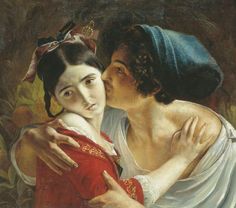 a painting of two women embracing each other with one holding the other's head