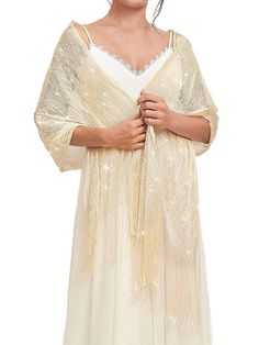 PRICES MAY VARY. Champagne gold shawl is made of polyester. The combination of sparkling metal threads and delicate fringe is very eye-catching. 1920s shawl wrap approx size:200*70cm/78.7*27.6IN (including tassels) and comes with a free crystal buckle. Light weight and easy to carry. Wedding accessories for brides come in many colors. You can choose the right color according to your preference or clothing style. Occasions:There are many ways to wear shawls. It is the perfect match for the dress. Bride Shawl, Gold Shawl, Bridal Capelet, Wedding Accessories For Bride, Sparkling Wedding, Wedding Scarf, Rose Scarf, Champagne Bridesmaid, Chiffon Shawl