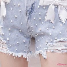 Qteee - Chic Pearl-Embellished High Waisted Denim Shorts with Bowknot Detail Trendy Spring Bottoms With Bow Detail, High Waisted Denim Shorts, Ripped Denim Shorts, Pearl Decor, Summer Color, High Waisted Shorts Denim, Ripped Denim, Summer Colors, High Waisted Denim