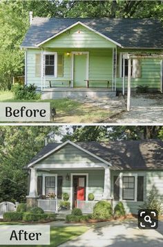 before and after pictures of a small green house with white trim on the front porch