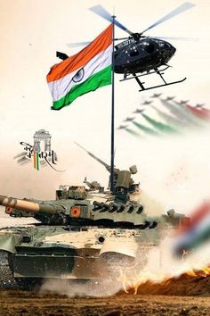 two tanks and a helicopter in the air with flags flying above them on top of it