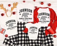 This festive Christmas design can be customized with a family name & location of your choice!  *Please note PJ Bottoms are not included! ●PRINT  Our designs are printed using the highest quality professional direct to garment (DTG) process, meaning fabric grade ink is printed directly onto the garment and blends with the fibers. This allows us to achieve a vintage style look on many of our designs, and a feel that is similar to screen printing (which avoids the thick rubbery feeling of vinyl). *Slight variances in color and size are normal compared to what you see on a computer screen, however if you have any concerns please don't hesitate to reach out to us via Etsy messaging. *Please note the Natural Infant T-shirt is printed on a Rabbit Skins t-shirt which is slightly darker than the yo Matching Family Christmas Shirts, Pj Bottoms, Johnson Family, Family Christmas Shirts, Xmas Holidays, Christmas Design, Kids Sweatshirt, Festive Christmas, Buffalo Plaid