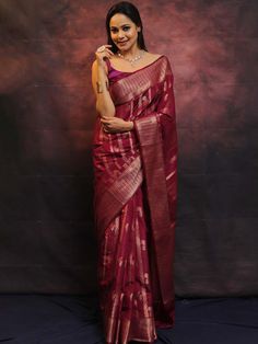 Stylish banarasi soft lichi silk saree for women USA,jacquard saree with copper zari work,Indian ethnic wear for wedding,festive sari blouse Saree Details:  Saree Color: Dark Scarlet Saree Length: 5.5 Meter Saree Fabric: Banarasi soft lichi silk Saree Work : Pure Copper zari weaving beautiful Jacquard work Blouse Details : Blouse Color: Matching. Blouse Length: 0.8meter Blouse Fabric : Banarasi soft lichi silk Blouse Work : Heavy Brocade blouse. Blouse wear by model is just for modeling purpose Diwali Banarasi Silk Blouse Piece, Unstitched Dola Silk Saree, Embroidered Paithani Silk Saree, Self Design Pre-draped Saree In Art Silk, Zari Work Banarasi Silk Pre-draped Saree, Dola Silk Traditional Wear With Zari Weaving, Pre-draped Katan Silk Saree With Pallu, Pre-draped Meenakari Saree For Puja, Self Design Saree For Diwali