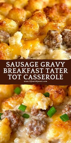 sausage and gravy breakfast tater tot casserole with text overlay