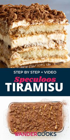 a piece of tirami cake sitting on top of a wooden cutting board with the words step by step video above it