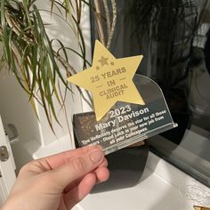 a person holding up a star shaped award in front of a potted plant on a window sill