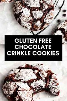 gluten free chocolate crinkle cookies on parchment paper with text overlay