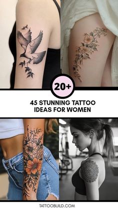 some tattoos that have flowers on them and birds in the sky, with text overlaying