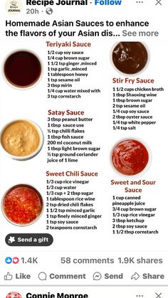 Homemade Asian Sauce, Mini Crockpot Recipes, Different Sauces, Asian Sauces, Homemade Sauce Recipes, Satay Sauce, Chinese Cooking Recipes, Asian Sauce, Stir Fry Sauce