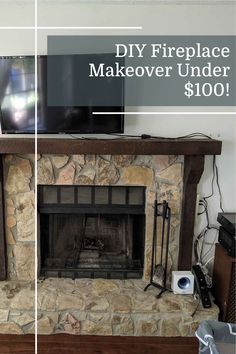 the fireplace is being cleaned and it has a tv above it with text overlay that reads diy fireplace makeover under $ 100