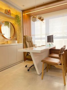 an office with two chairs and a desk in front of a large window that has a circular mirror on the wall