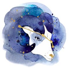 a watercolor painting of a horse's head with blue and gold paint splattered on it