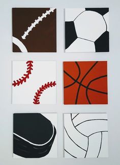 four different types of art work displayed on a white surface with red and black accents