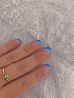 Natural Nails Blue, Nails Blue French Tip, Nails Rounded, Nails Blue French, Gel On Natural Nails, Blue French Tip, Rounded Acrylic Nails, Natural Gel Nails