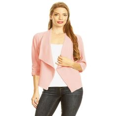 Product Description: Add a touch of elegance to your ensemble with this women's waist length jacket, available in both solid and print variations. The fitted style and open front create a sleek silhouette, complemented by a sophisticated draped neck. The ruched 3/4 length sleeves provide a fashionable finish, making this jacket a versatile addition to any wardrobe. Ideal for both day and night, it pairs effortlessly with a variety of outfits for a polished look. Size Chart(Inches) / HBL00002 S = Fitted Cardigan For Office, Fitted Solid Color Cardigan For Office, Feminine Cardigan For Workwear, Fitted Open Front Cardigan, Spring Office Cardigan In Solid Color, Feminine Fitted Cardigan For Work, Fitted Feminine Cardigan For Workwear, Elegant Stretch Outerwear For Spring, Stretch Cardigan For Workwear