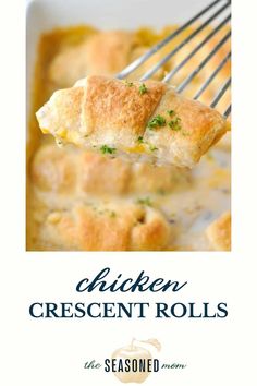 chicken crescent rolls on a fork in a casserole dish