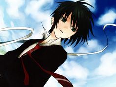 an anime character with long black hair and green eyes is standing in front of a blue sky