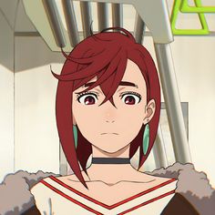 an anime character with red hair and big earrings on her head, staring at the camera