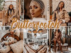 a collage of photos with the words butterscotch in gold and black letters