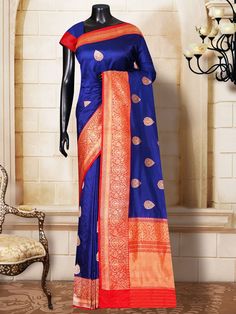 Navy Blue Silk Booti Contrast Border & Pallu Banarasi Handloom Saree Hindu Bride, Desi Style, Pattu Saree, Banarasi Sarees, Maroon Color, Blue Silk