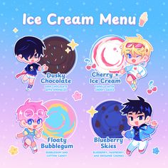 an ice cream menu with four cartoon characters and the text,'ice cream menu '