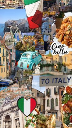 the collage shows many different things in italy