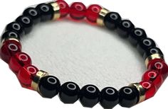 Casual Red Beaded Bracelets With Black Beads, Red Stretch Bracelet With Black Beads As A Gift, Red Resizable Beaded Bracelet With Round Beads, Casual Red Round Stretch Bracelet, Adjustable Red Jewelry With Black Beads, Elegant Red And Black Beaded Bracelets, Red Bracelets With Black Round Beads, Red Stretch Bracelet With Black Beads, Adjustable Red And Black Beaded Necklace