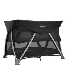 the nuna portable playard is shown in black and grey, with its canopy open