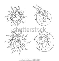 four different types of sun and moon symbols in black and white, on a white background