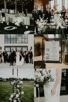 a collage of photos with people and flowers in the foreground, wedding party on the other side