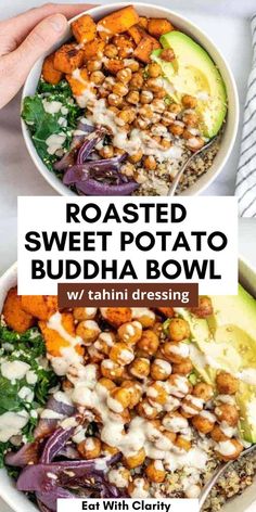 two bowls filled with roasted sweet potato buddha bowl and garnished with tasty dressing