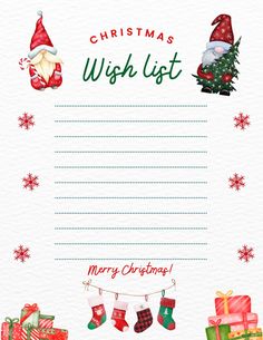 a christmas wish list with santa hats and stockings