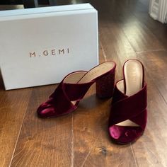 Beautiful Mules With Block Heel. Lush Velvet And Super Comfortable! Made In Italy. Comes With Dustbag And Box. Runs Tts Red Velvet Shoes, Velvet Mules, Long Sleeve Evening Gowns, Velvet Shoes, Burgundy Velvet, Mule Sandals, Classic Fashion, Mule, Women's Shoes Sandals