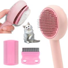 a pink brush, comb and cat's hair on a white background with other items