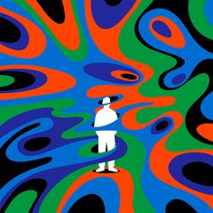 a person standing in front of an abstract background with blue, green, orange and red swirls