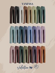 various colors of pants with the name vanessa written on them in blue, green, pink